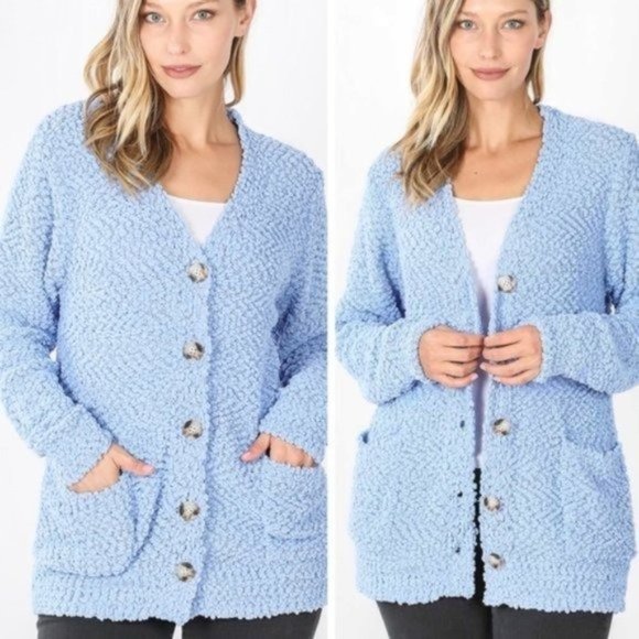 Teal Popcorn Knit Button Down Cardigan Sweater - Picture 4 of 5